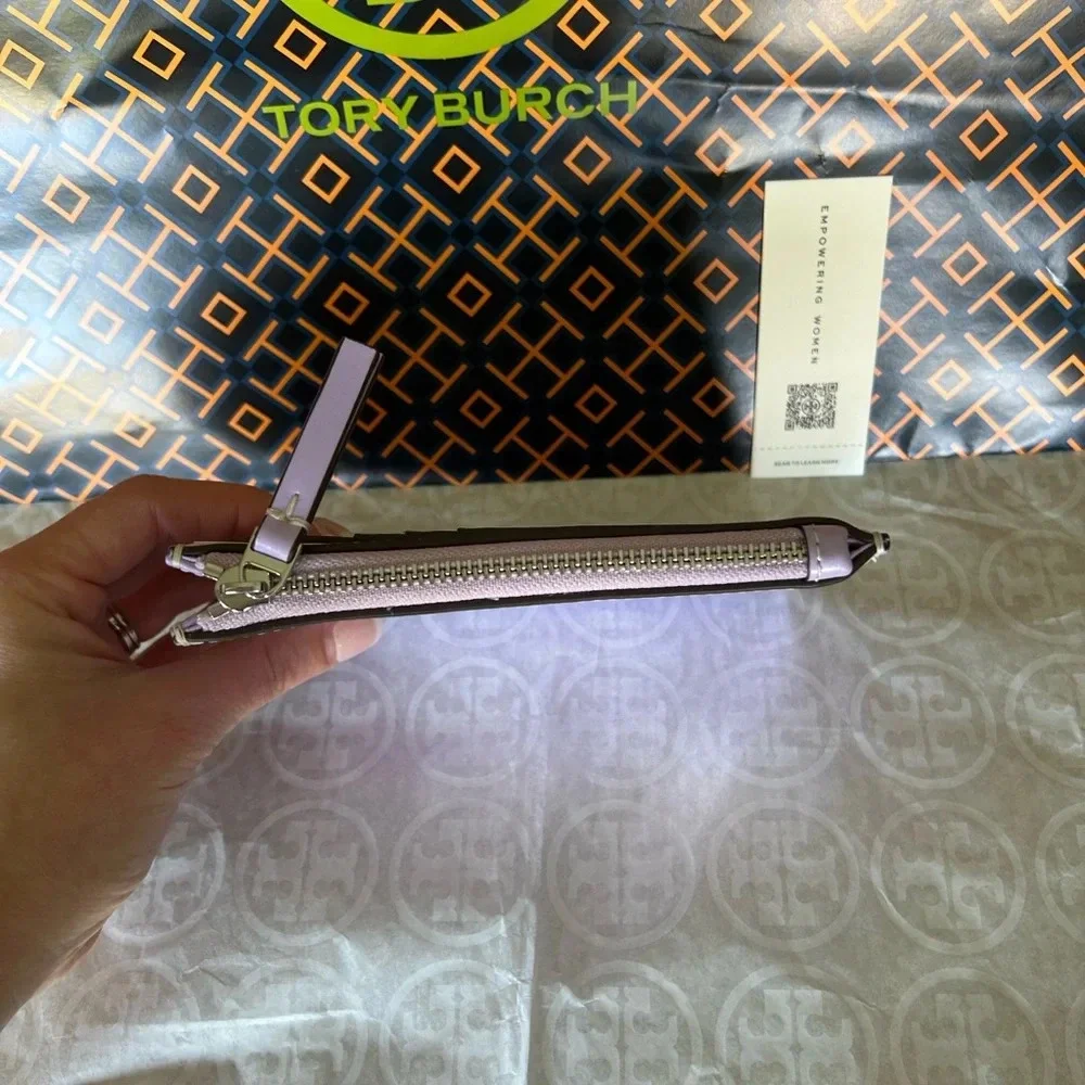 Tory Burch Britten Patent Zip Card Case Mini Wallet Lavender Silver Light Purple